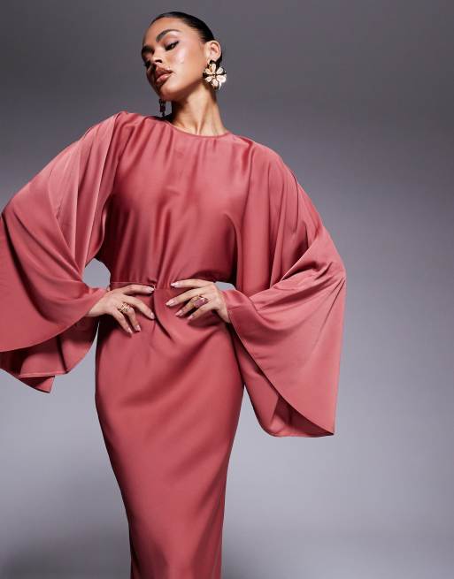 ASOS DESIGN - Brændt rød maxikjole med tekstur, flagermusærmer og figursyet talje i skråtskåret satin , 3 af 4