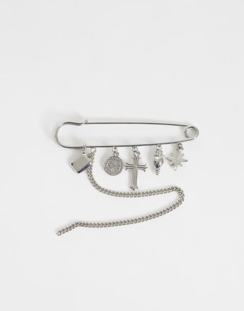 ASOS DESIGN broche de imperdible con charm y cadena en plata - view 1