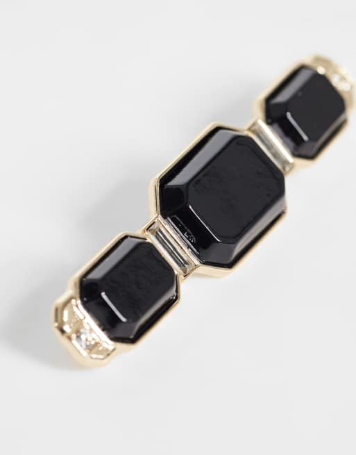 ASOS DESIGN broche épingle à cravate avec pierre noire d'inspiration vintage sertie sur fond doré, 2 de 3