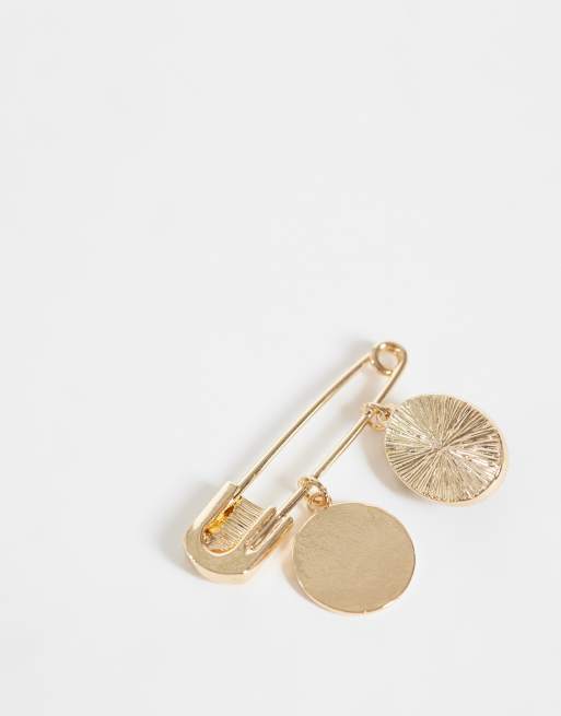 ASOS DESIGN broche imperdible dorado con piedra ojo de tigre falsa y moneda, 3 de 3