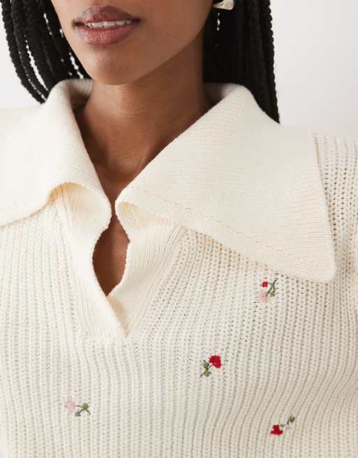 ASOS DESIGN broderad stickad pikétröja i cream, 3 av 4