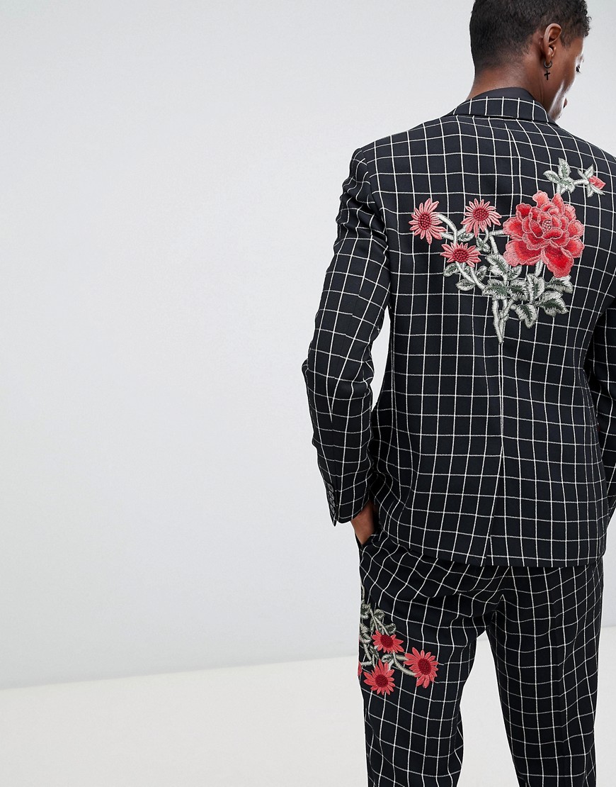 ASOS DESIGN – Broderad svart- och vitrutig kostymjacka med extra smal passform