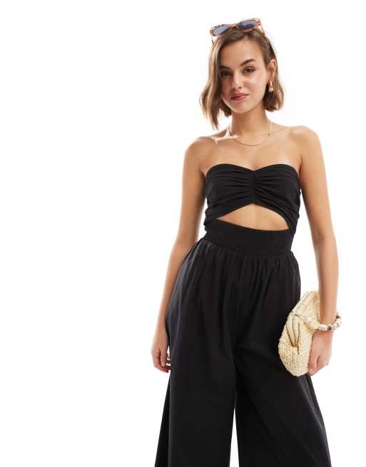 ASOS DESIGN - Broderet bandeau-jumpsuit med snoning foran og udskæring i sort, 3 af 4