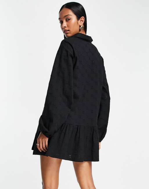 ASOS DESIGN - Broderet mini-skjortekjole med lange ærmer i sort , 2 af 4