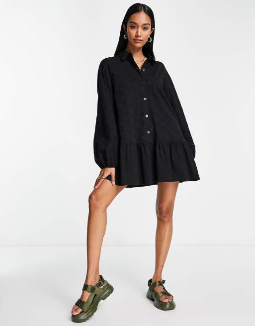ASOS DESIGN - Broderet mini-skjortekjole med lange ærmer i sort , 4 af 4