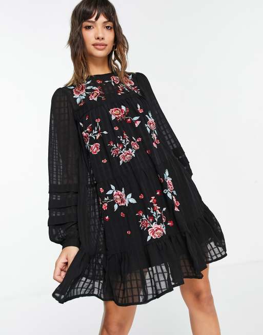 ASOS DESIGN - Broderet smock-minikjole i sorte tern