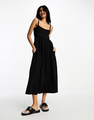 ASOS DESIGN broderie and knit mix strappy midi dress in black