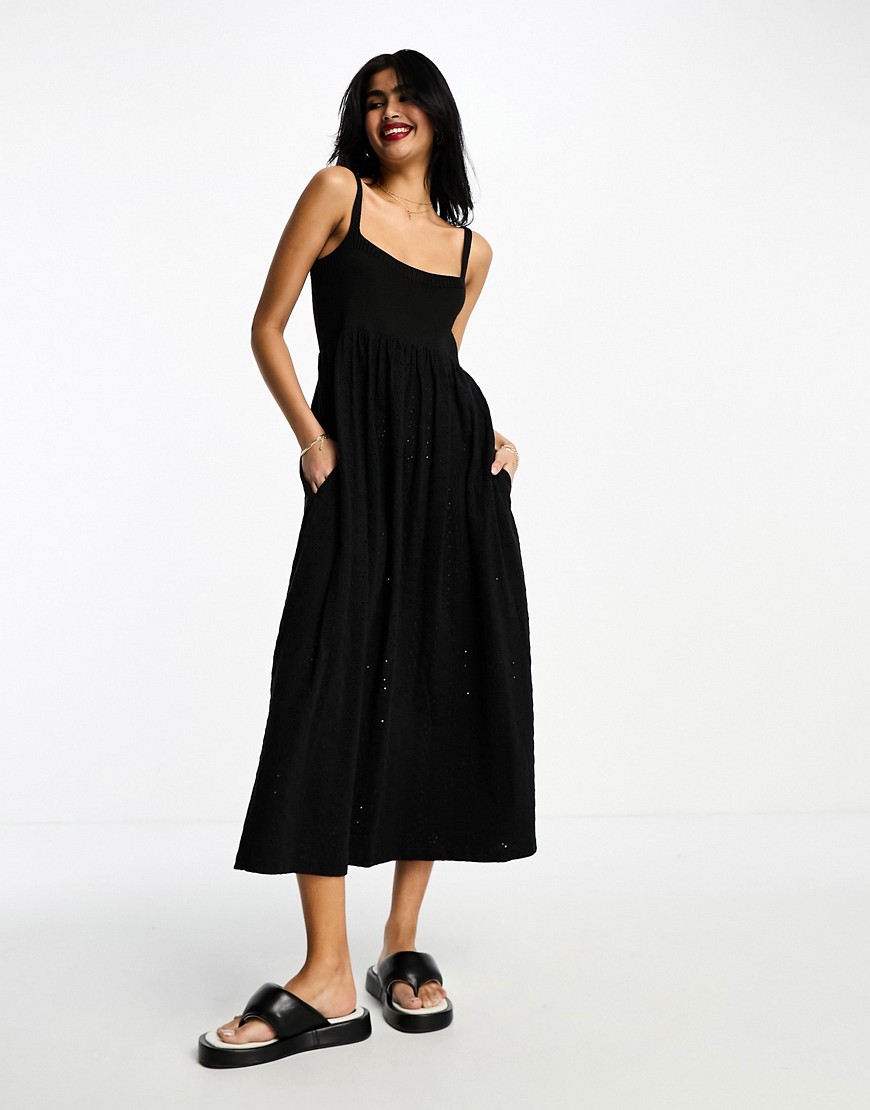 broderie and knit mix strappy midi dress in black
