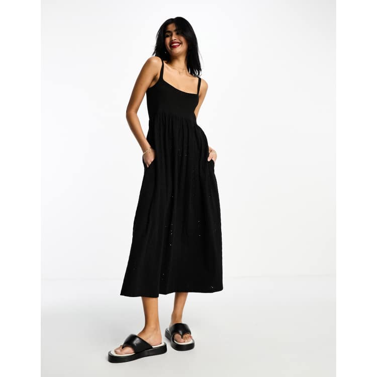 ASOS DESIGN broderie and knit mix strappy midi dress in black