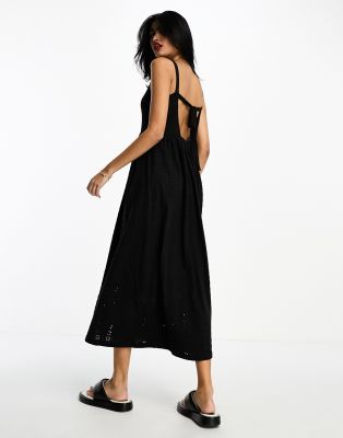 ASOS DESIGN broderie and knit mix strappy midi dress in black