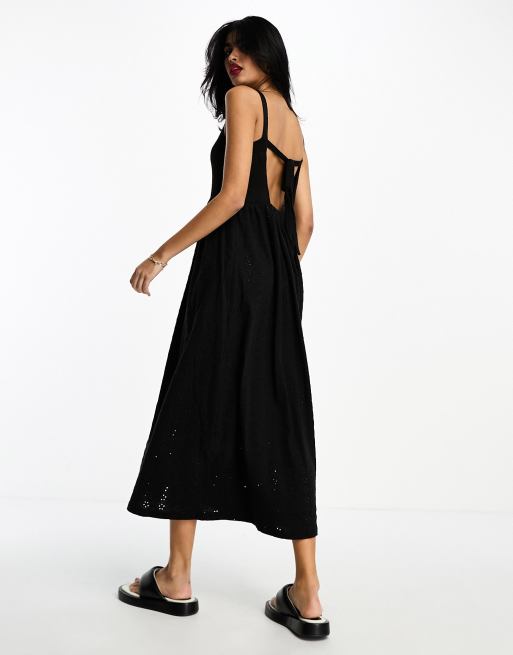 ASOS Tie Strap Clean Broderie Midi Sundress in Black