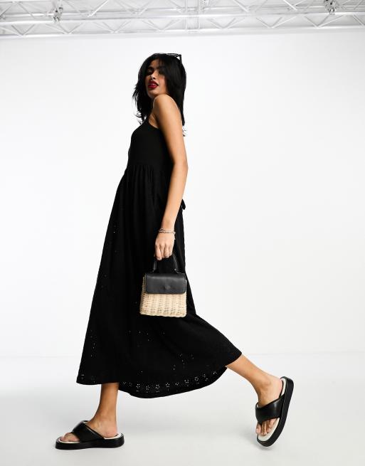 ASOS Tie Strap Clean Broderie Midi Sundress in Black