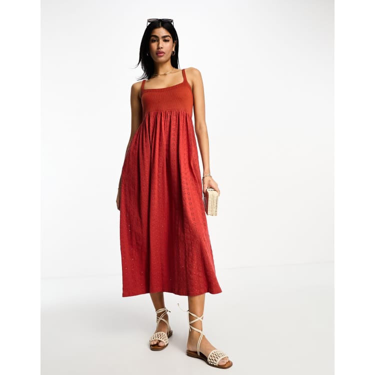 ASOS DESIGN broderie and knit mix strappy midi dress in chilli red