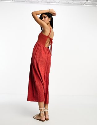 ASOS DESIGN broderie and knit mix strappy midi dress in chilli red