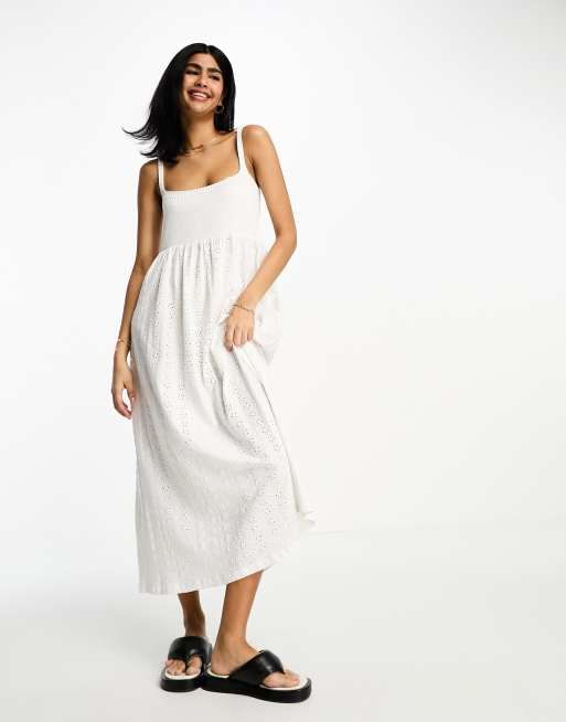 ASOS DESIGN broderie and knit mix strappy midi dress in white ASOS