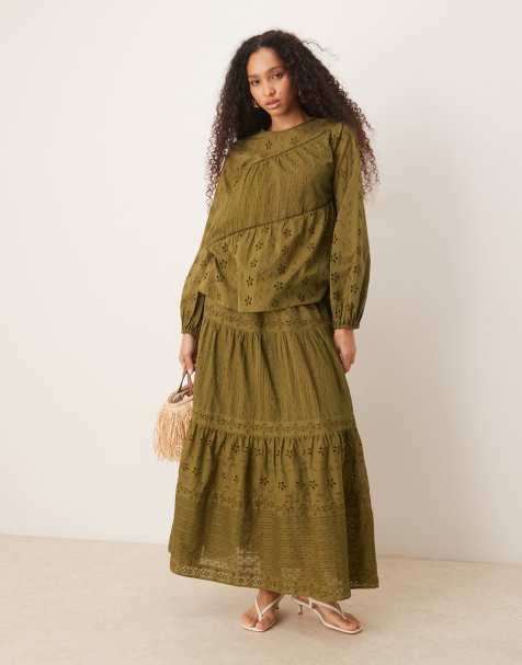ASOS DESIGN  broderie and lace mix tiered maxi skirt in khaki - view 1