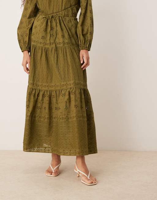 ASOS DESIGN  broderie and lace mix tiered maxi skirt in khaki