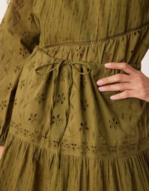 ASOS DESIGN  broderie and lace mix tiered maxi skirt in khaki