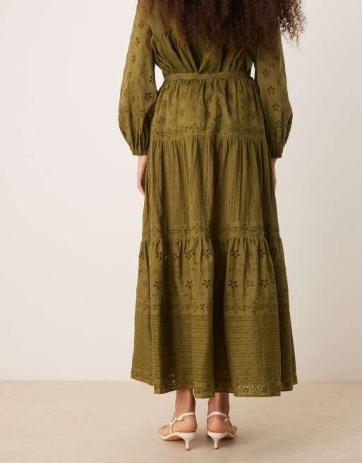 ASOS DESIGN  broderie and lace mix tiered maxi skirt in khaki