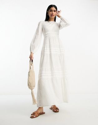 ASOS DESIGN broderie and pin tucks long sleeve tiered maxi tea dress in white