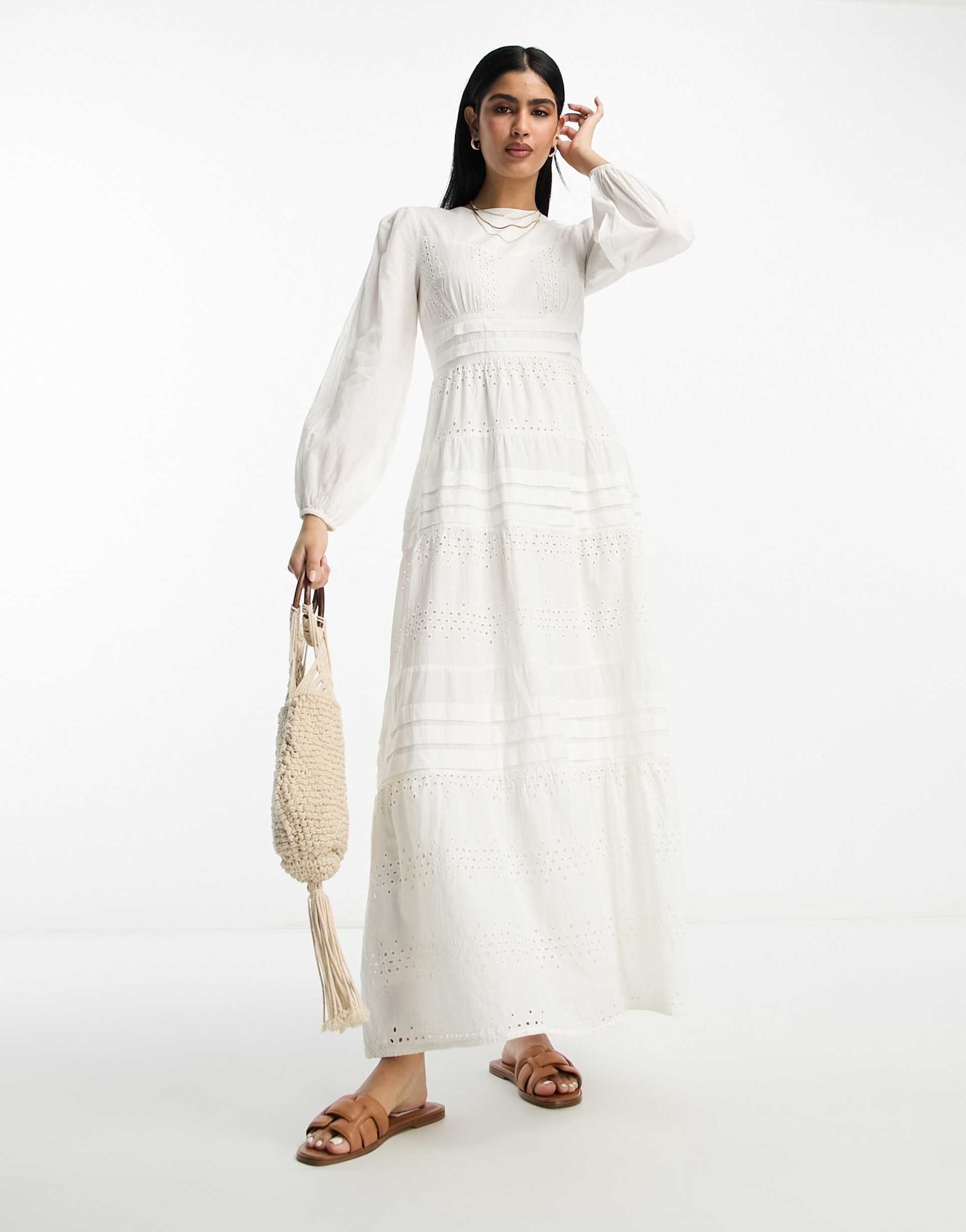 asos design broderie and pin tucks long sleeve tiered maxi tea dress in white