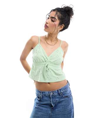 ASOS DESIGN broderie babydoll cami top in sage-Multi