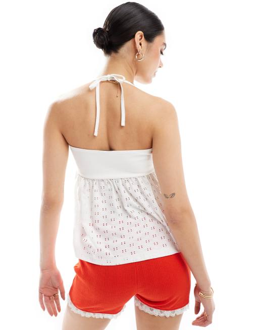 ASOS DESIGN broderie babydoll peplum halter top in white, 2 of 4