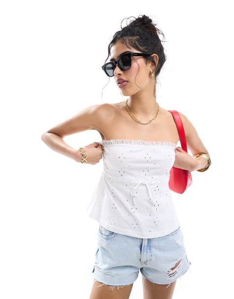 ASOS DESIGN broderie bandeau top with ribbon detail in white - view 1