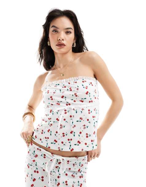 ASOS DESIGN broderie bandeau with ribbon detail in cherry print - view 1