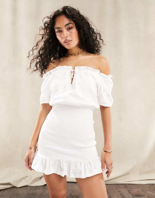 ASOS DESIGN broderie bardot mini dress with shirring in white ASOS