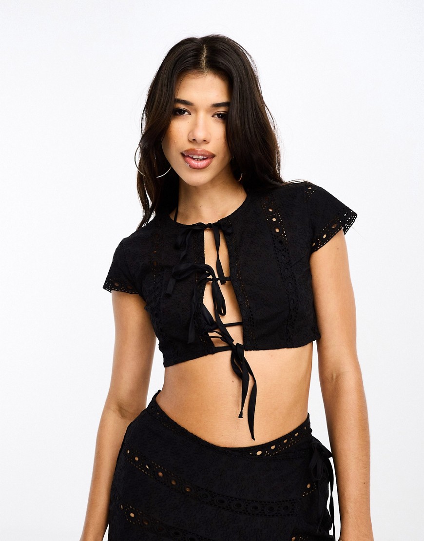 ASOS DESIGN broderie beach crop top co-ord with keyhole detail in black