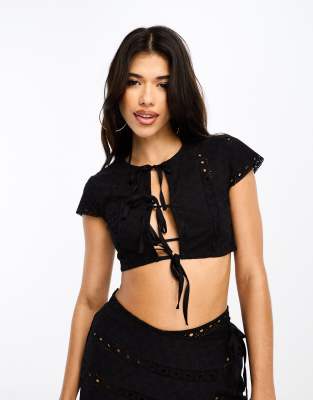 Asos Design Broderie Beach Crop Top With Keyhole Detail In Black -set In Black
