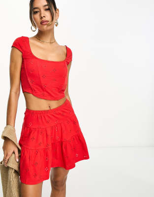 Asos Design Broderie Bone Corset Top In Red