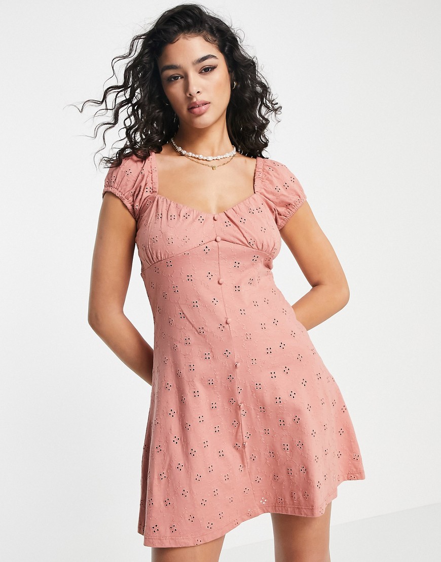 Asos Design Broderie Bust Detail Mini Tea Dress With Buttons In Rose-pink