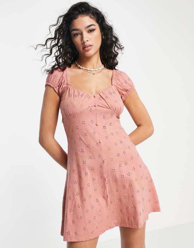 ASOS DESIGN broderie bust detail mini tea dress with buttons in rose