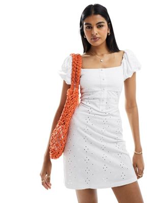 Asos Design Broderie Button Corset Mini Dress With Puff Cap Sleeve In White