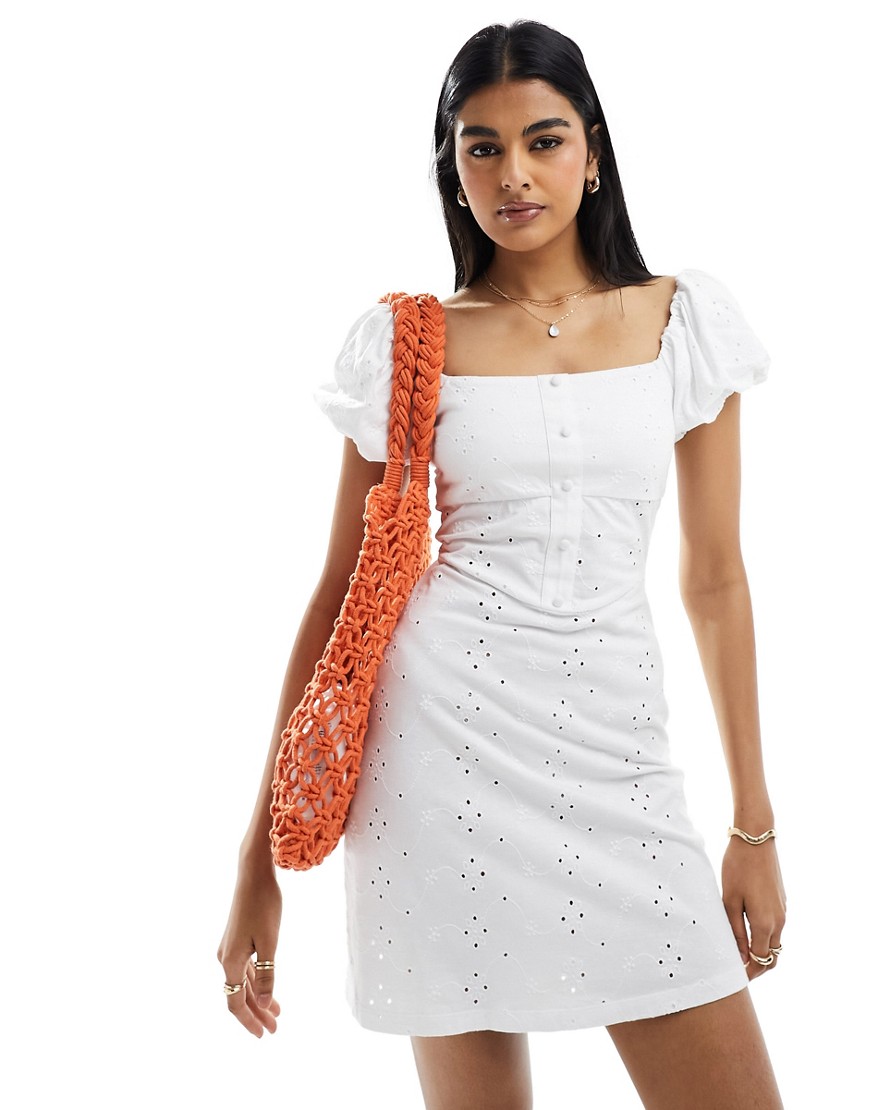 Asos Design Broderie Button Corset Mini Dress With Puff Cap Sleeve In White