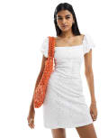 [ASOS DESIGN] ASOS DESIGN broderie button corset mini dress with puff cap sleeve in white 14 WHITE