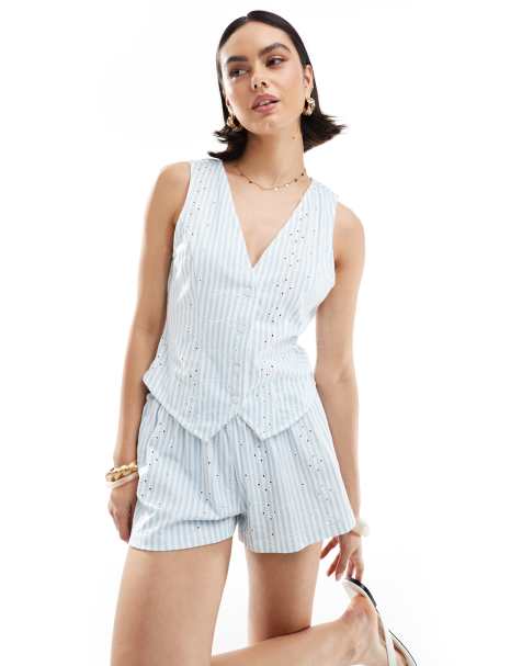 ASOS DESIGN broderie button down vest in blue stripe - view 1