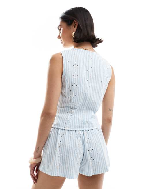 ASOS DESIGN broderie button down waistcoat in blue stripe, 4 of 4