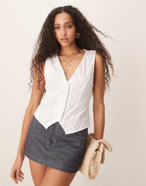 ASOS DESIGN broderie button down waistcoat in white - view 1