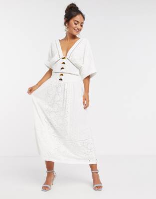 asos design button through tiered midi broderie dress