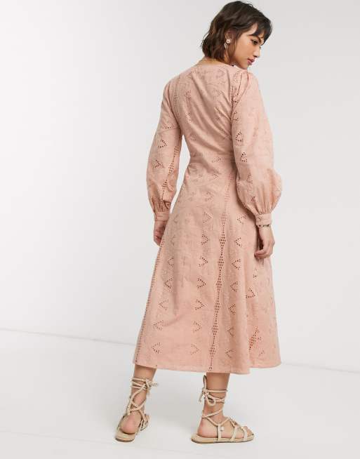 ASOS DESIGN broderie button through midi tea dress in mink, 2 of 4