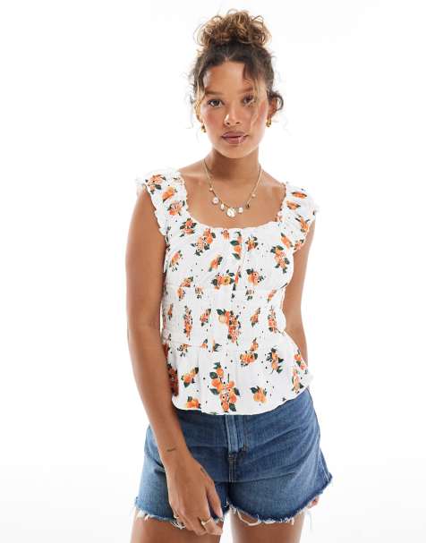 ASOS Design broderie button through milkmaid top in orange print - view 1