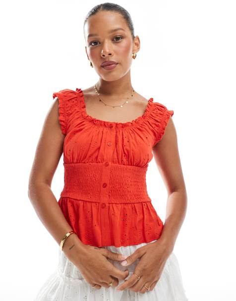 ASOS DESIGN broderie button through milkmaid top in red - view 1