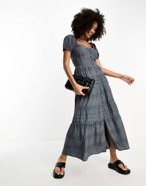 ASOS DESIGN broderie button through tiered maxi tea dress in slate grey ASOS