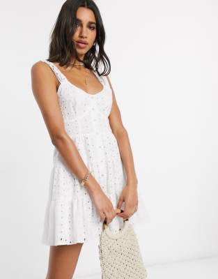 asos design button through tiered midi broderie dress