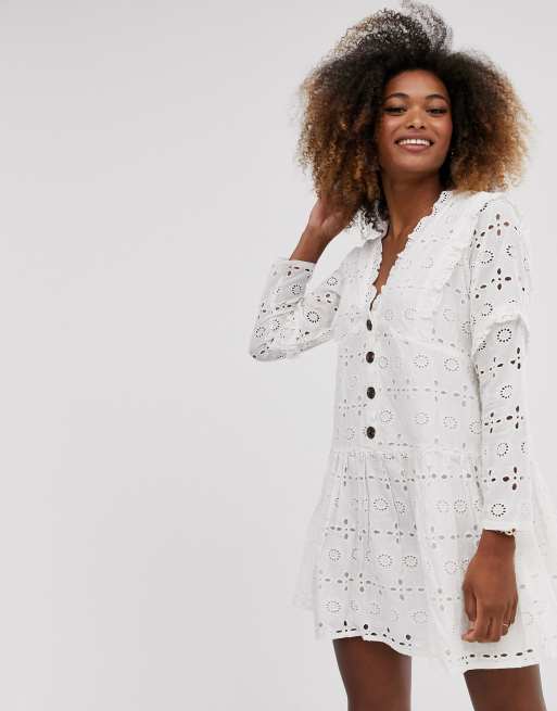 ASOS DESIGN broderie button through tiered smock mini dress in white