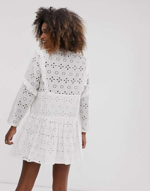 Asos design button through tiered midi broderie outlet dress