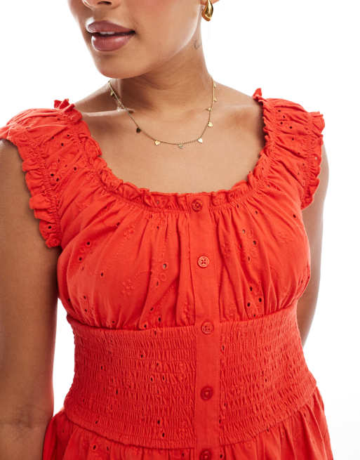 ASOS DESIGN broderie button up milkmaid top in red, 2 of 4